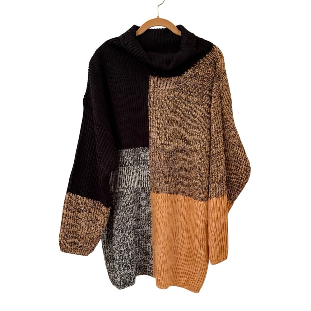 First Love Black, Brown, Tan, Gray Oversized Cowl Neck Colorblock Sweater
